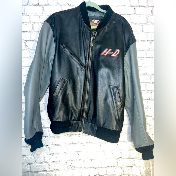Vintage Harley Davidson H-D Black & Grey Letterman Style Leather Jacket Size M 🔥 - Picture 1 of 12